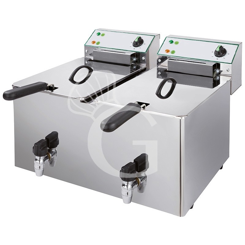 Friggitrice elettrica da banco 2 vasche con rubinetto 8 LT + 8 LT potenza 3 + 3 KW Monofase