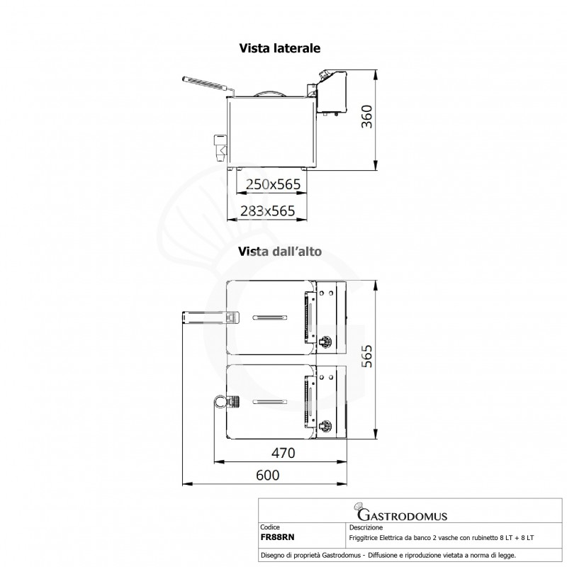 Friggitrice Elettrica da banco 2 vasche con rubinetto 8 LT + 8 LT potenza 3 + 3 KW Monofase