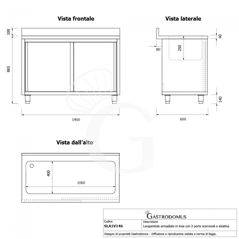 Lavapentole armadiato in acciaio inox,porte scorrevoli,alzatina,1 vasca, L 1400 x P 600 x H 965 mm - con foro rubinetto Ø 32 mm