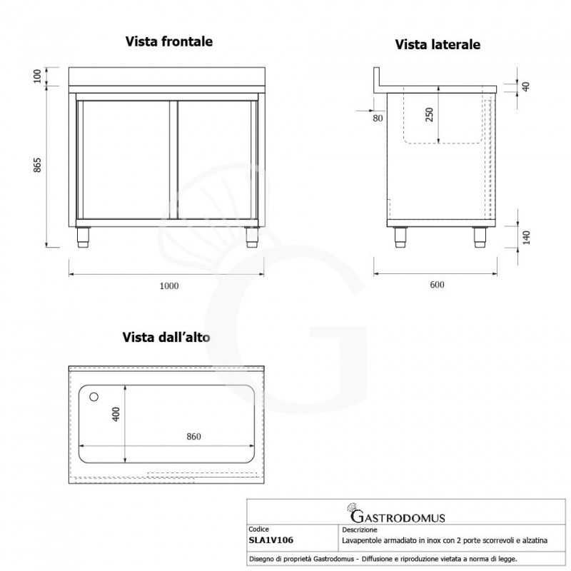Lavapentole armadiato in acciaio inox,porte scorrevoli,alzatina,1 vasca, L 1000 x P 600 x H 965 mm - con foro rubinetto Ø 32 mm