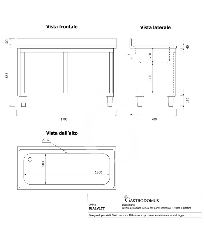 Lavapentole armadiato in acciaio inox,porte scorrevoli,alzatina,1 vasca, L 1700 x P 700 x H 965 mm - con foro rubinetto Ø 32 mm