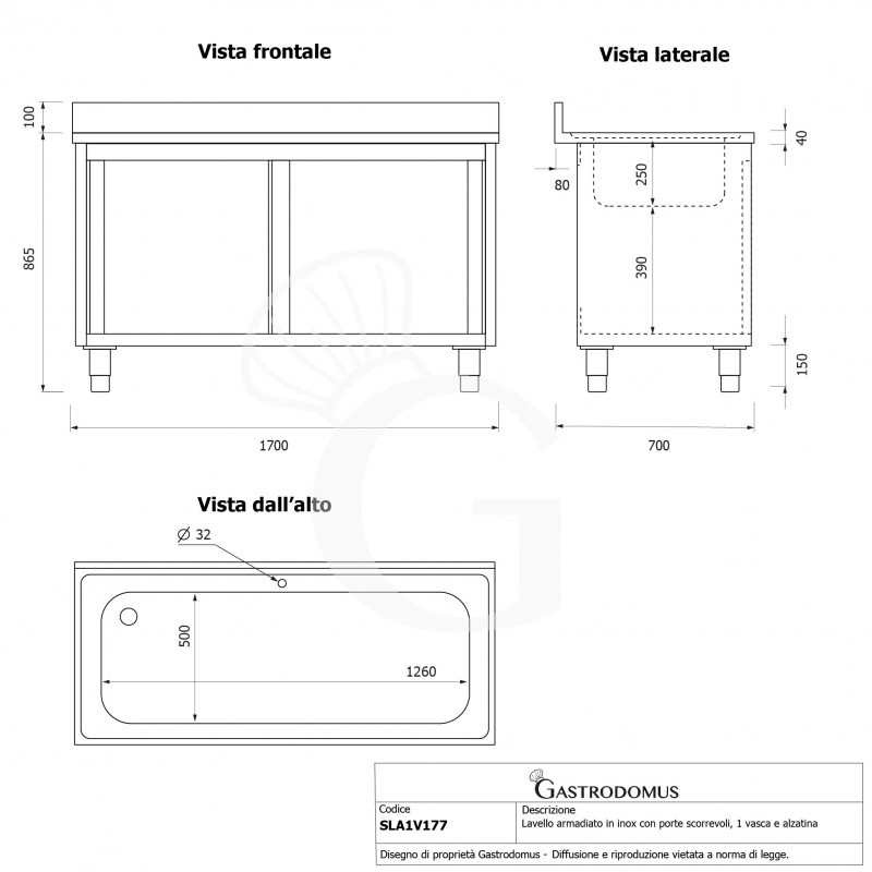 Lavapentole armadiato in acciaio inox,porte scorrevoli,alzatina,1 vasca, L 1700 x P 700 x H 965 mm - con foro rubinetto Ø 32 mm