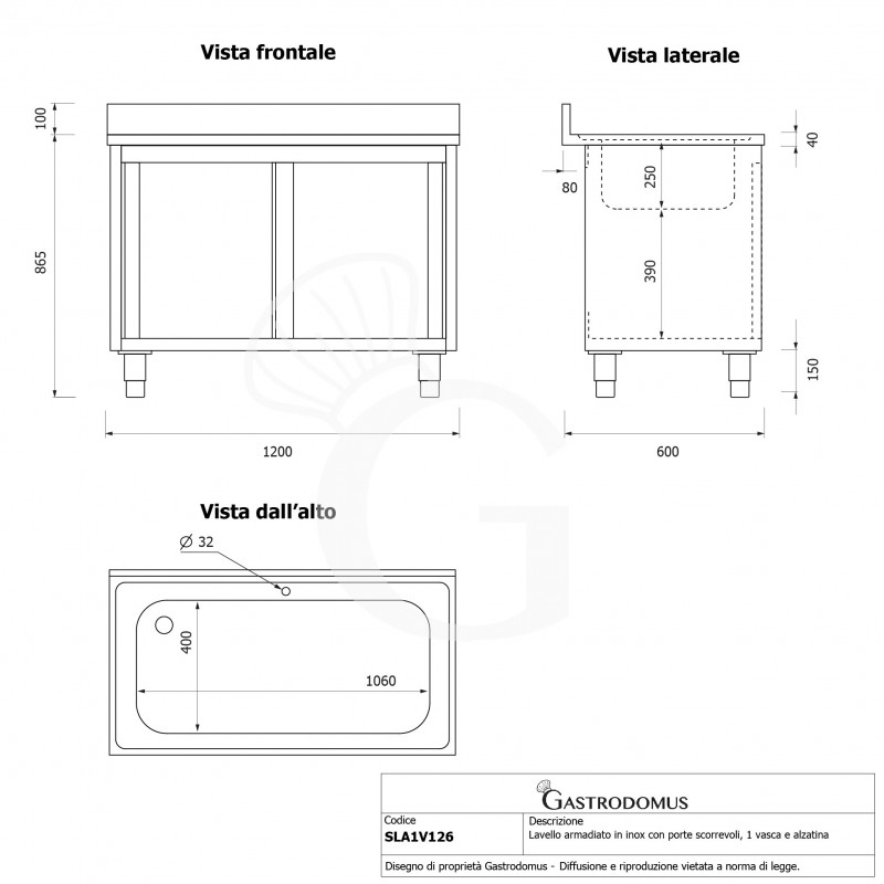 Lavapentole acciaio,porte scorrevoli,alzatina,1 vasca, L 1200 x P 600 x H 965 mm - con foro rubinetto Ø 32 mm