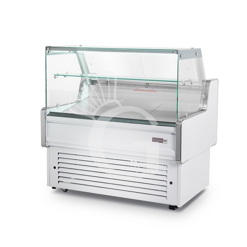 Banco refrigerato ventilato vetro dritto, 0°/+5°C, L 1200 mm, completo di luce, vetro intermedio e plexiglass posteriori