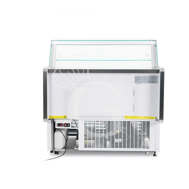 Banco refrigerato ventilato vetro dritto, 0°/+5°C, L 1200 mm, completo di luce, vetro intermedio e plexiglass posteriori