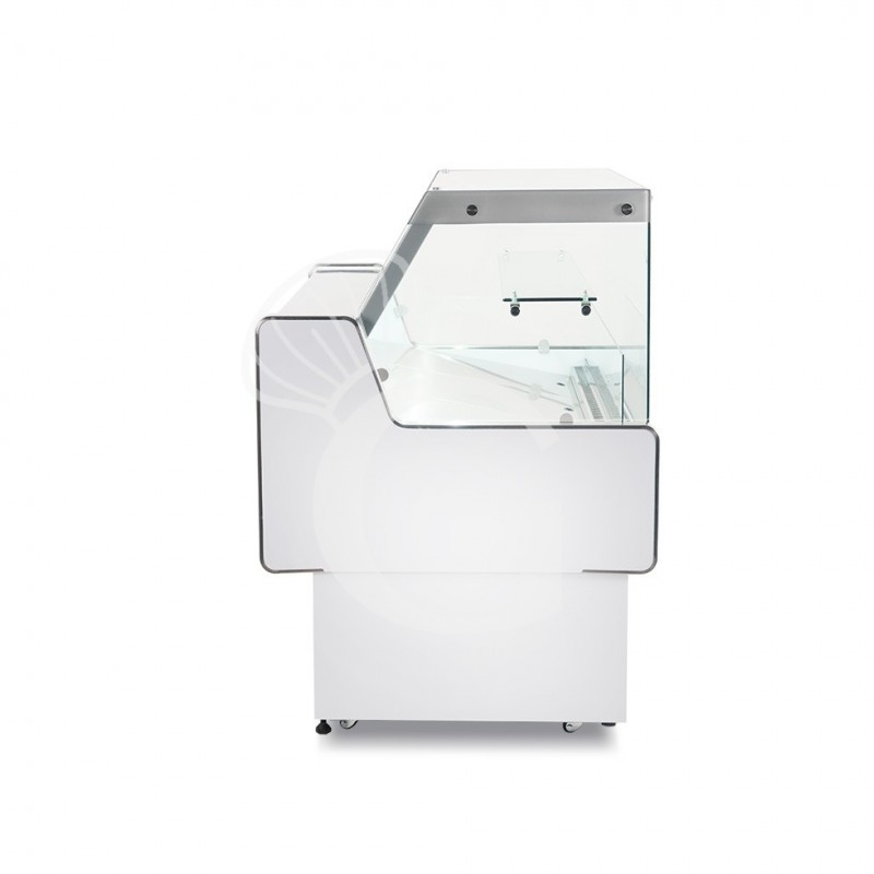 Banco refrigerato ventilato vetro dritto, 0°/+5°C, L 2585 mm, completo di luce, vetro intermedio e plexiglass posteriori