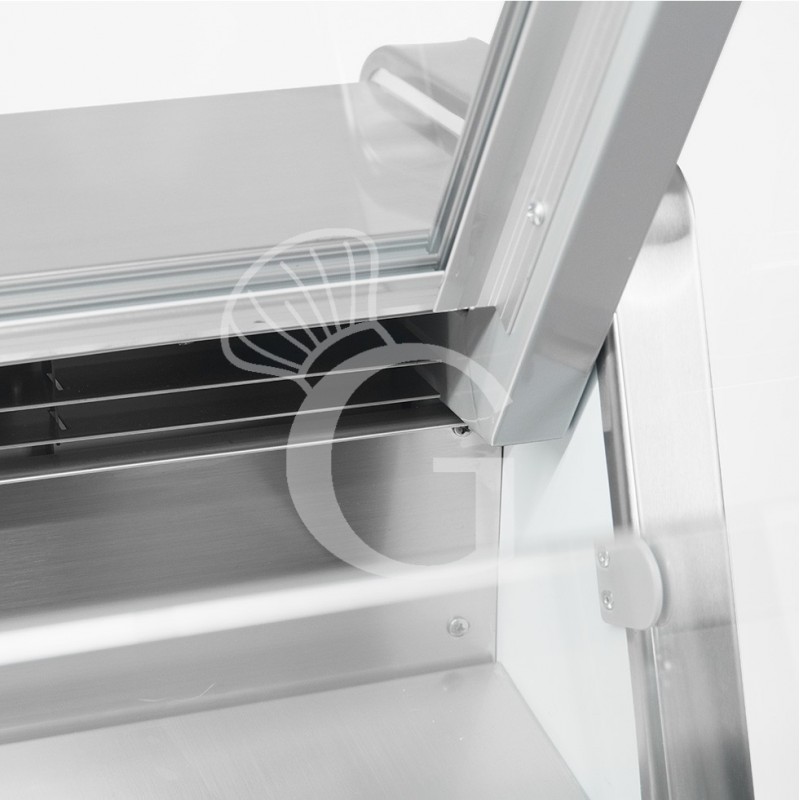 Banco refrigerato ventilato vetro dritto, 0°/+5°C, L 2585 mm, completo di luce, vetro intermedio e plexiglass posteriori