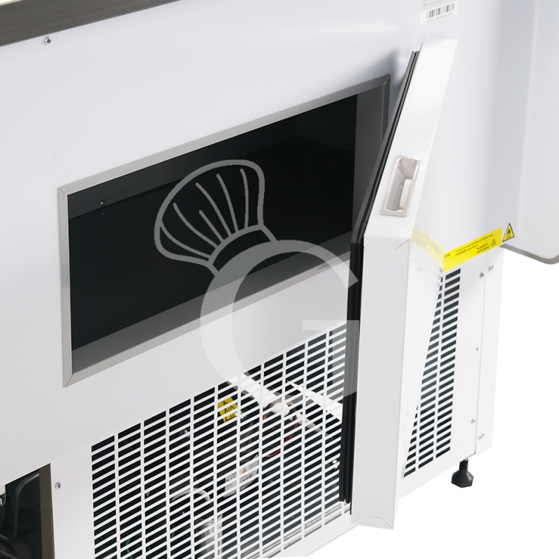 Banco refrigerato ventilato vetro dritto, 0°/+5°C, L 2585 mm, completo di luce, vetro intermedio e plexiglass posteriori