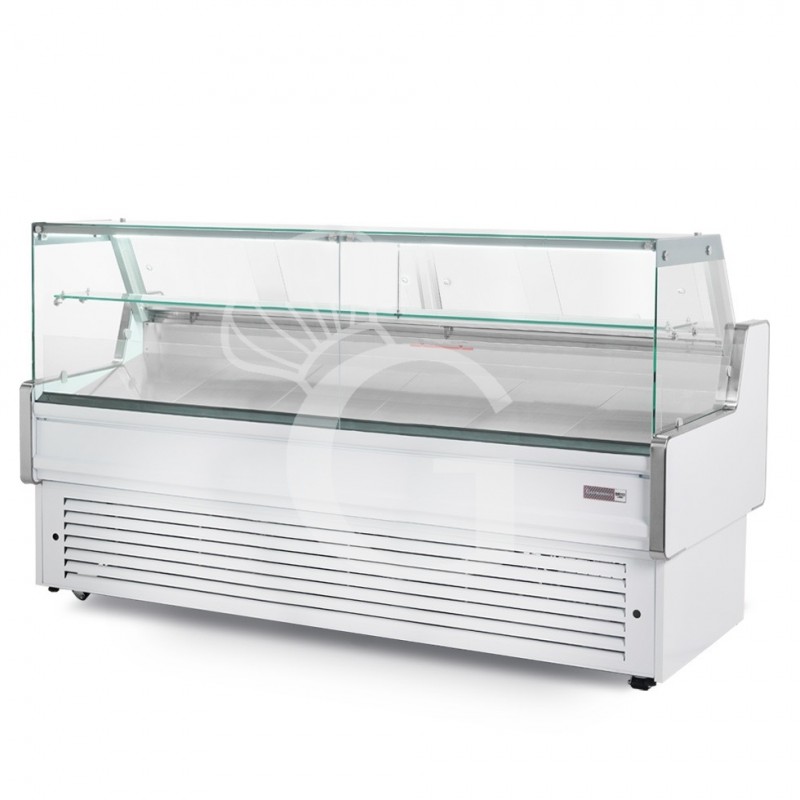 Banco refrigerato ventilato vetro dritto, 0°/+5°C, L 2585 mm, completo di luce, vetro intermedio e plexiglass posteriori