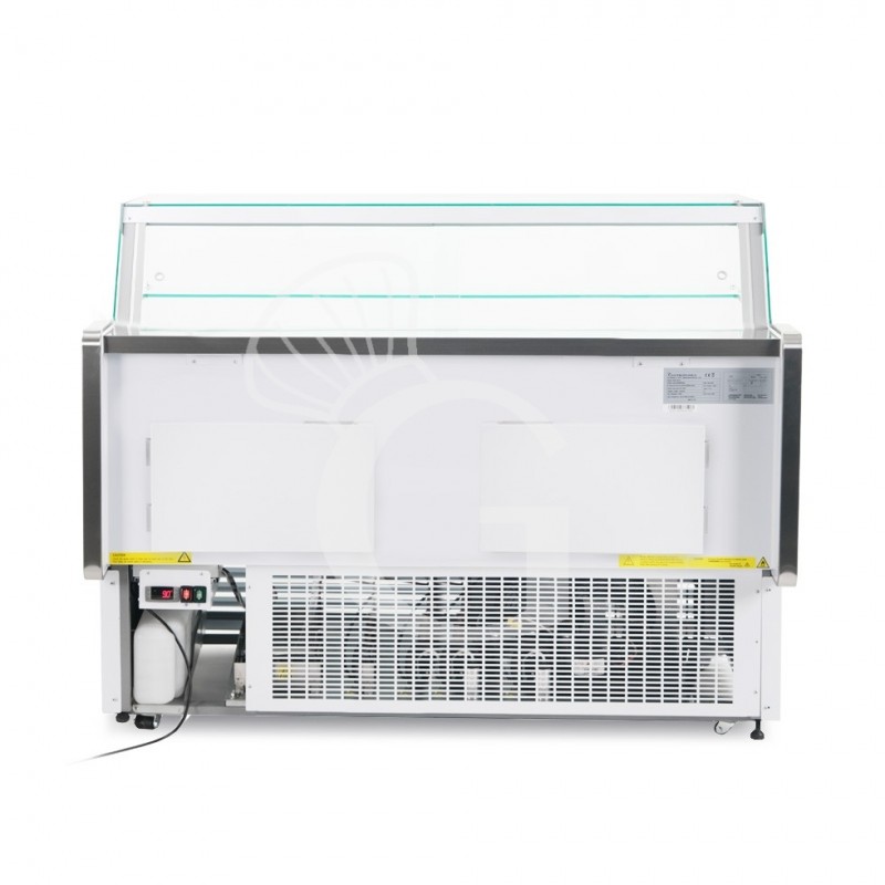 Banco refrigerato ventilato vetro dritto, 0°/+5°C, L 2585 mm, completo di luce, vetro intermedio e plexiglass posteriori