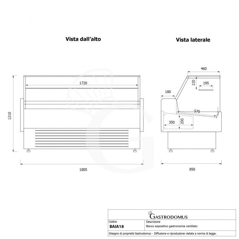 Banco refrigerato ventilato vetro dritto, 0°/+5°C, L 1805 mm, completo di luce, vetro intermedio e plexiglass posteriori