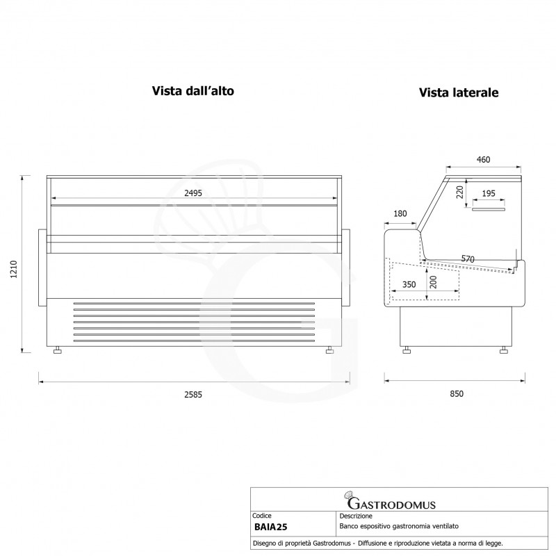Banco refrigerato ventilato vetro dritto, 0°/+5°C, L 2585 mm, completo di luce, vetro intermedio e plexiglass posteriori
