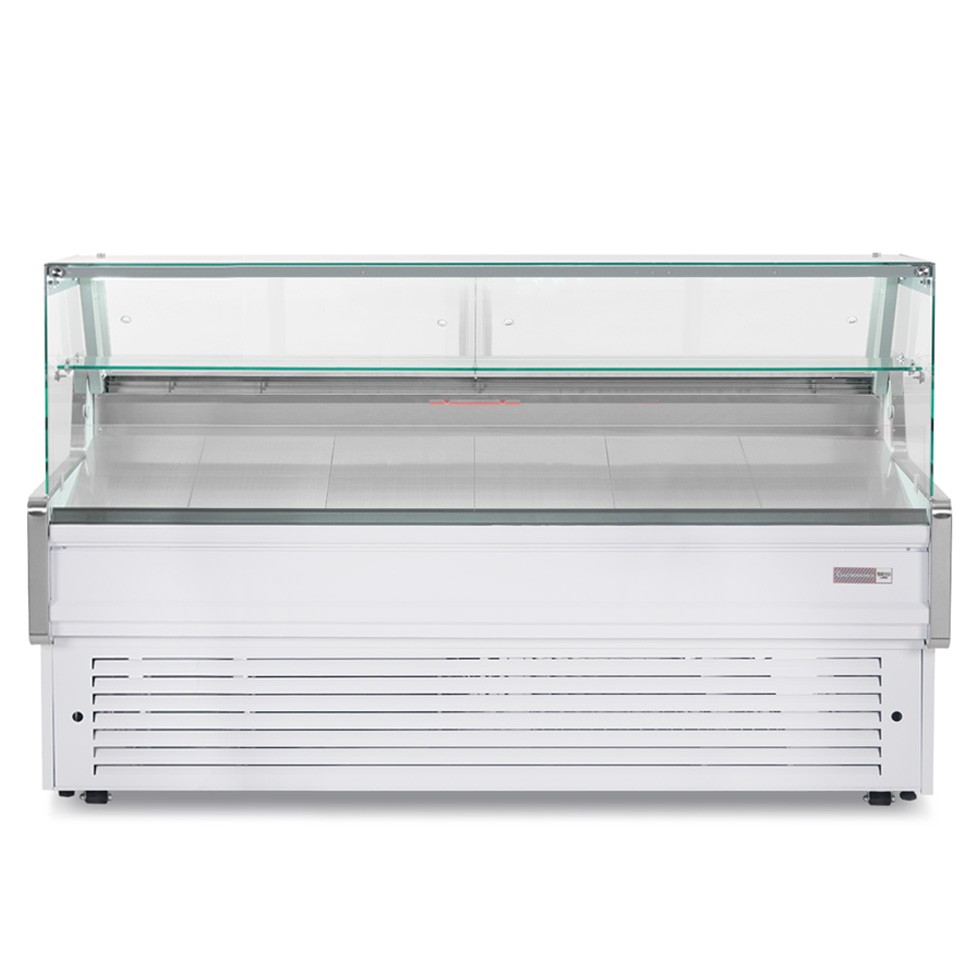 Banco espositivo gastronomia ventilato, vetro dritto, ripiano intermedio, 0°/+5°C, lunghezza 2585 mm, Full optional