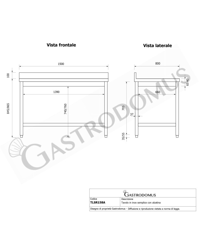 Tavolo inox con alzatina L 1500 mm x P 800 mm x H 965 mm