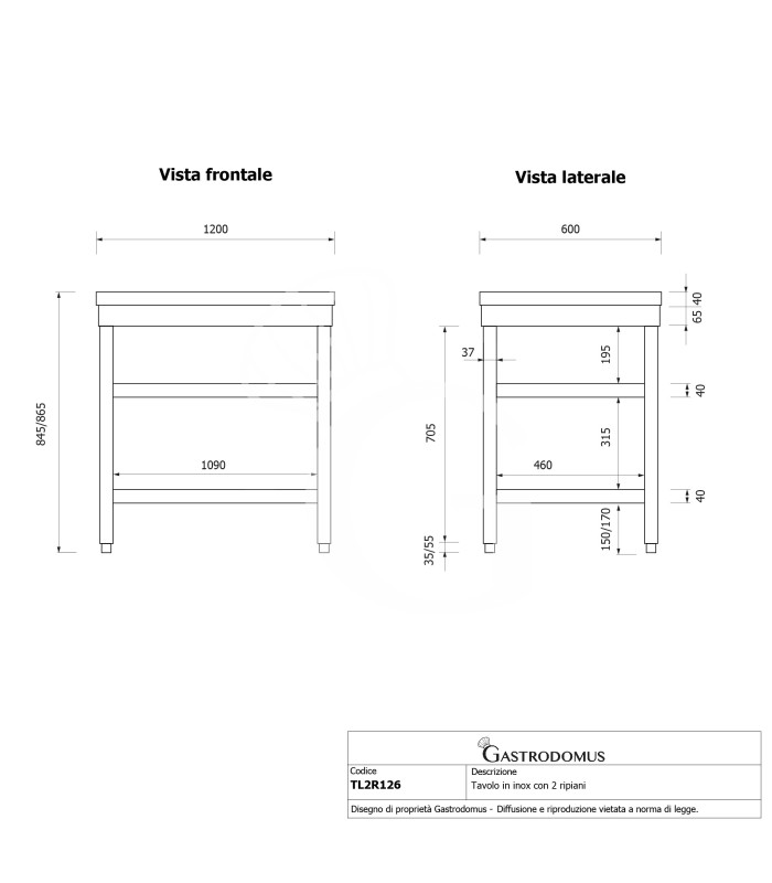 Tavolo inox 2 ripiani L 1200 mm x P 600 mm x H 865 mm