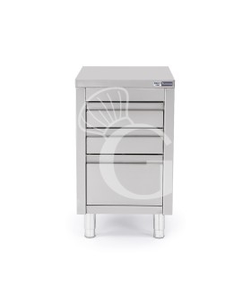 Cassettiera in acciaio inox con 2 cassetti e un cassettone, L 500 x P 600 x H 855 mm