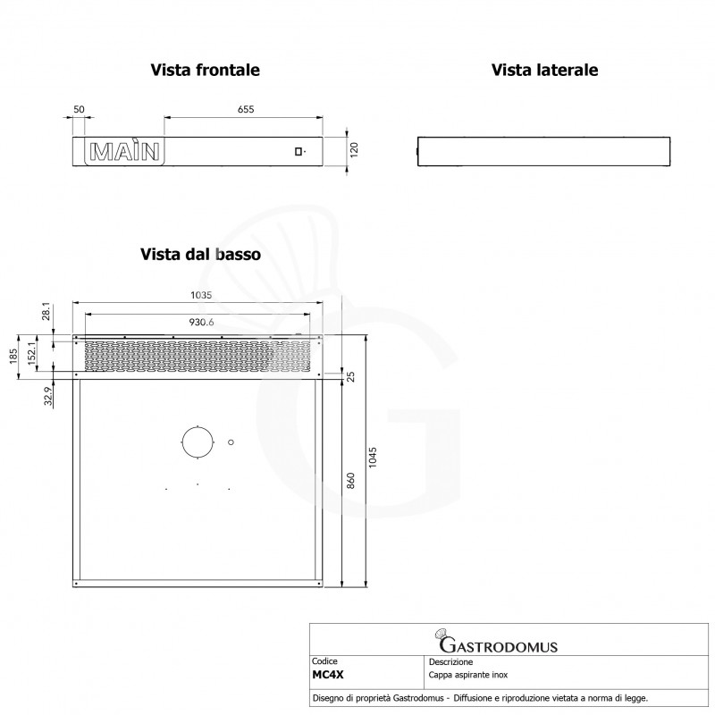 Cappa inox per forno pizza - L 1035 mm x P 885 mm x H 120 mm - SECONDA SCELTA