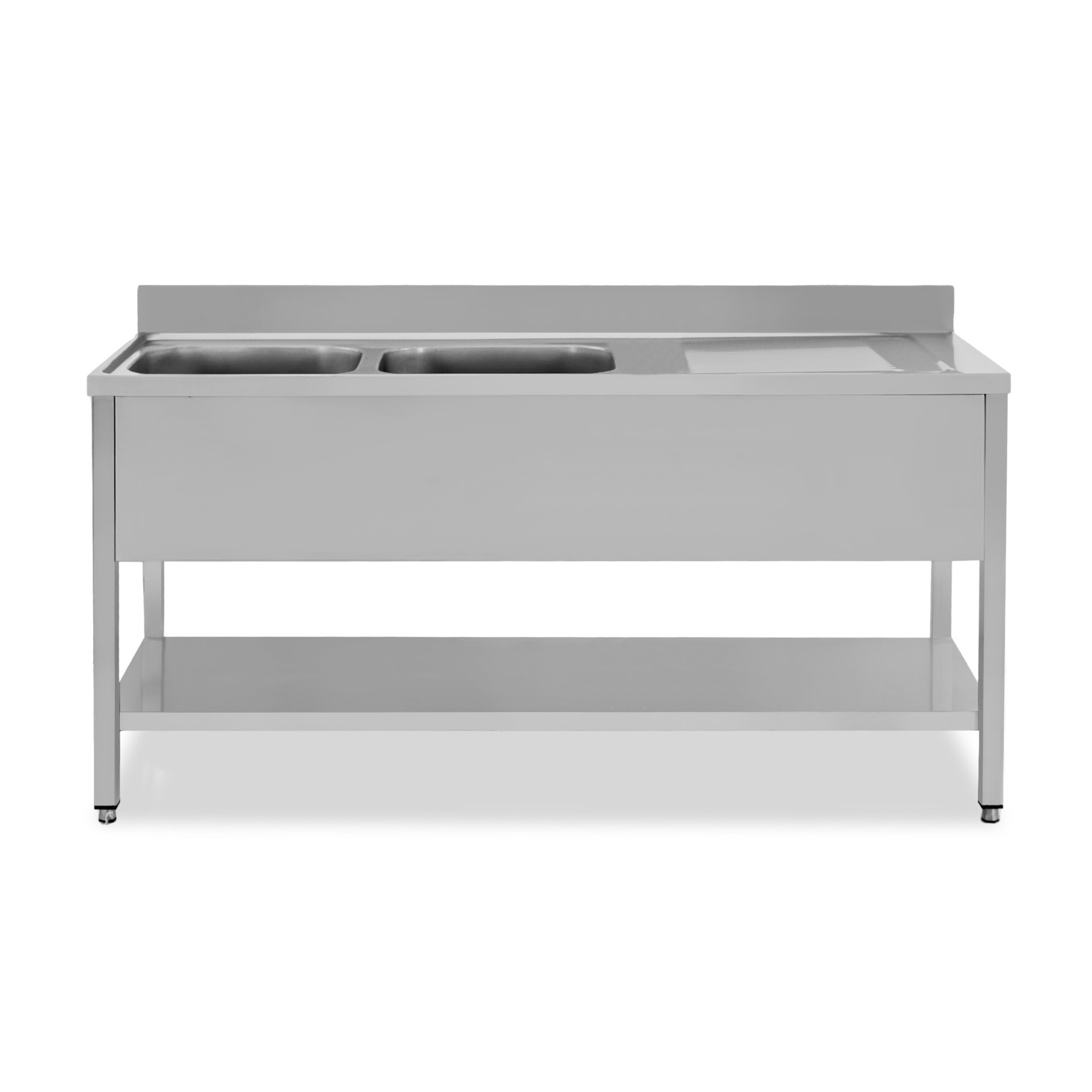 Lavello semplice con alzatina, 1 ripiano, 2 vasche, gocciolatoio a destra, L1600xP600xH950mm