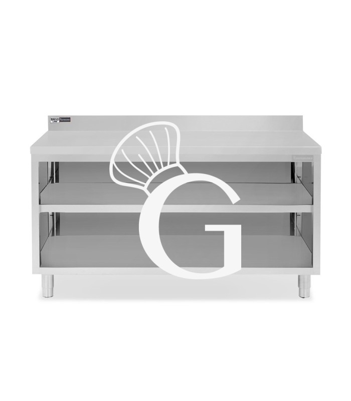 Tavolo armadiato in acciaio inox 2 porte scorrevoli, alzatina, L 2000 mm x P 600 mm x H 950 mm-SECONDA SCELTA