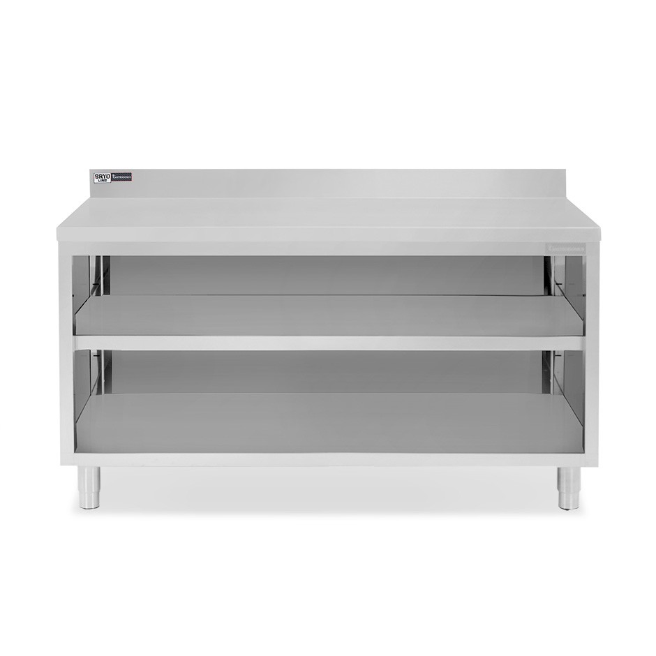 Tavolo armadiato in acciaio inox 2 porte scorrevoli, alzatina, L 2000 mm x P 600 mm x H 950 mm-SECONDA SCELTA