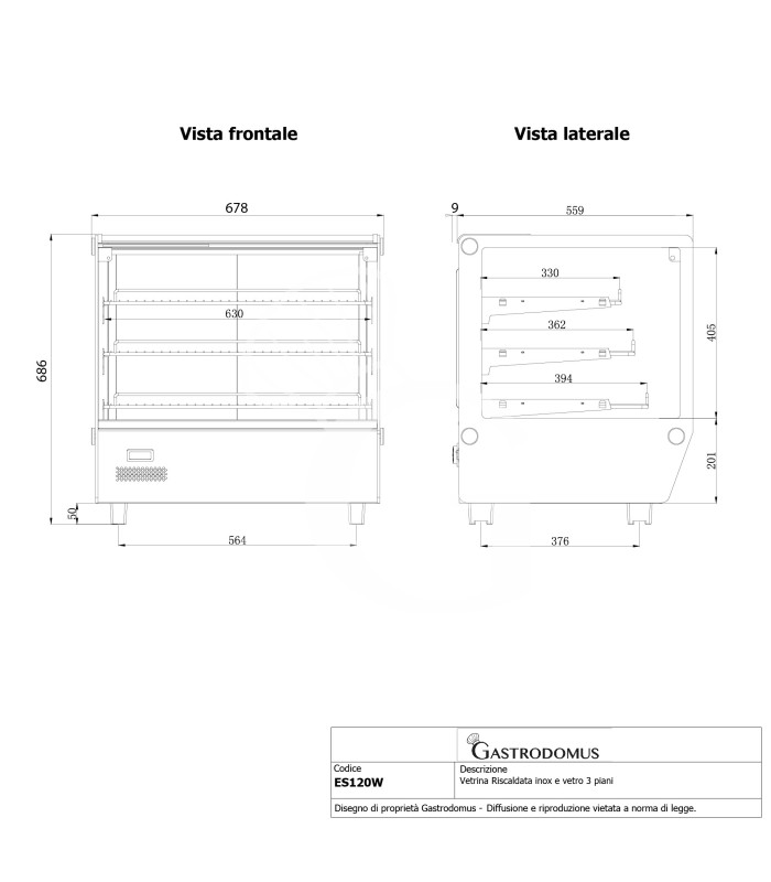 Vetrina Riscaldata inox e vetro 3 piani +30°C/+90°C 120 LT L 678 mm x P 568 mm x H 686 mm