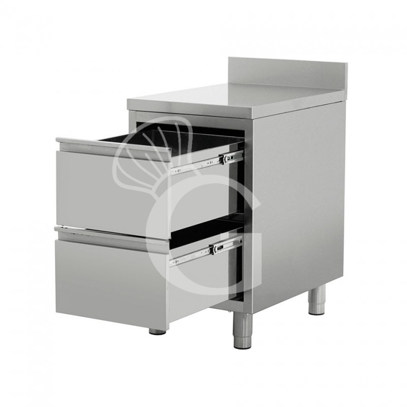 Cassettiera aperta inox professionale 2 cassetti, alzatina, misure 500x600x950mm