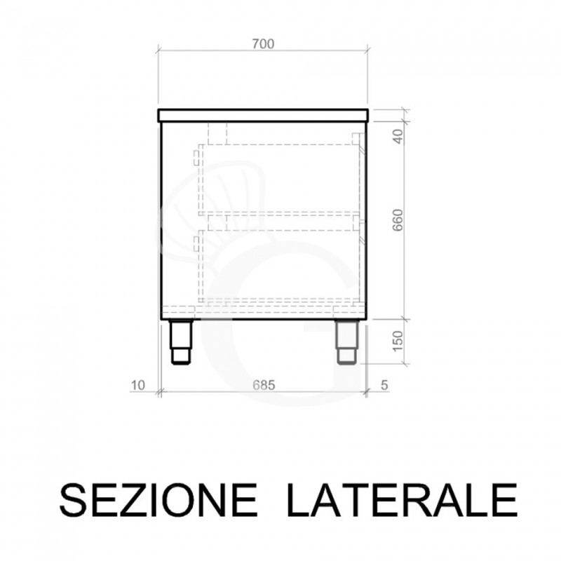 Cassettiera inox con 2 cassetti, L 400 x P 700 x H 850 mm