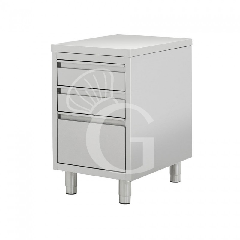 Cassettiera in acciaio inox con 2 cassetti e un cassettone, misure 500x600x850mm
