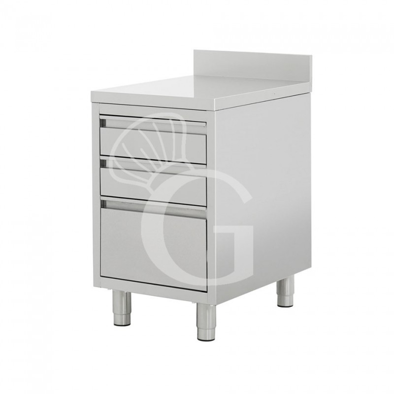 Cassettiera inox con 2 cassetti, un cassettone, alzatina, misure 500x700x950 mm