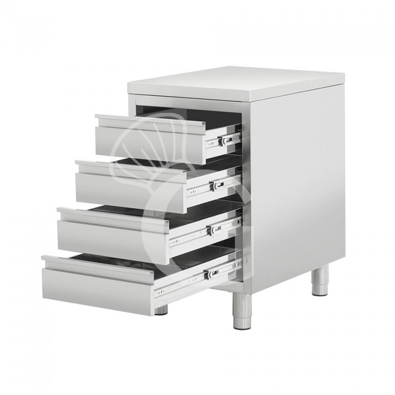 Cassettiera aperta in acciaio inox con 4 cassetti, misure 500x600x850mm