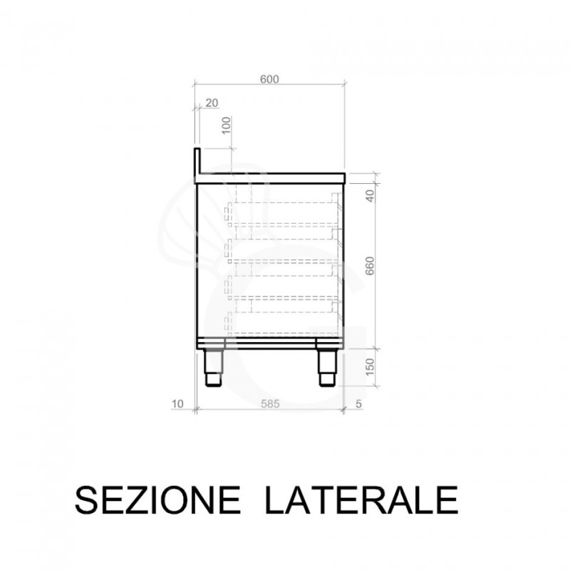 Cassettiera in acciaio inox con 4 cassetti e alzatina, L 400 x P 600 x H 950 mm