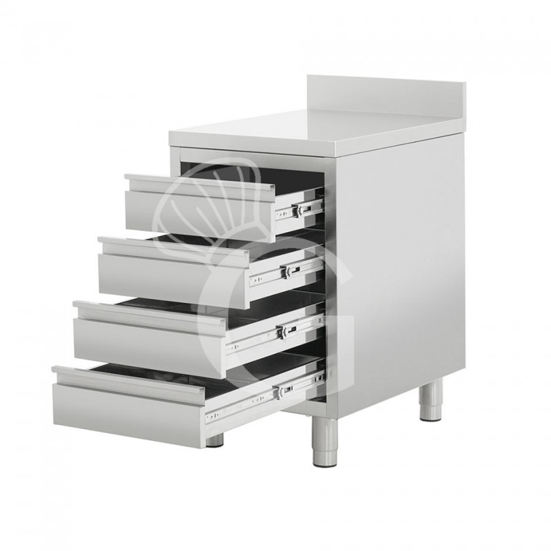 Cassettiera aperta in acciaio inox con 4 cassetti e alzatina, misure 500x600x950mm