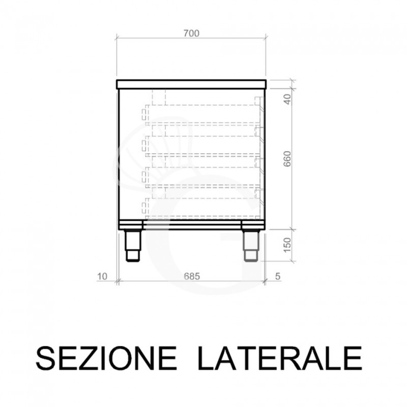 Cassettiera inox con 4 cassetti, L 400 x P 700 x H 850 mm