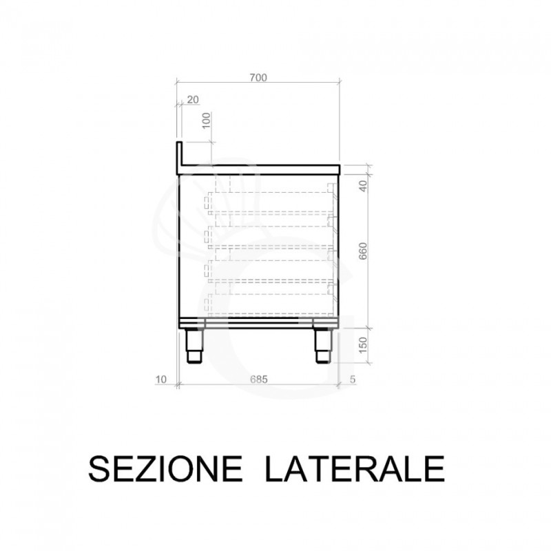 Cassettiera inox con 4 cassetti e alzatina, L 400 x P 700 x H 950 mm