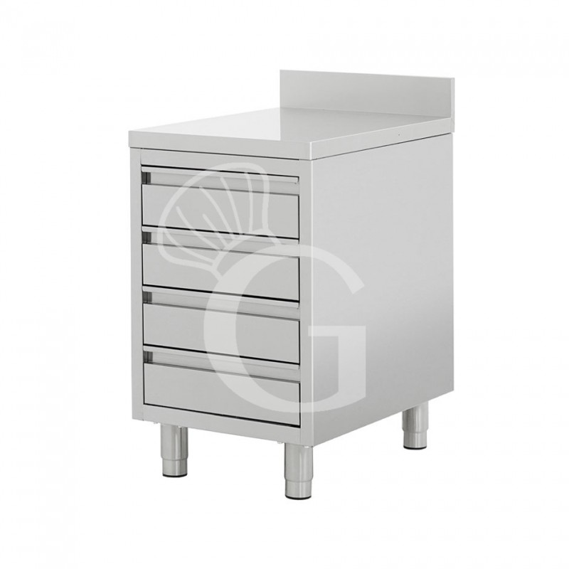 Cassettiera inox con 4 cassetti e alzatina, misure 500x700x950 mm