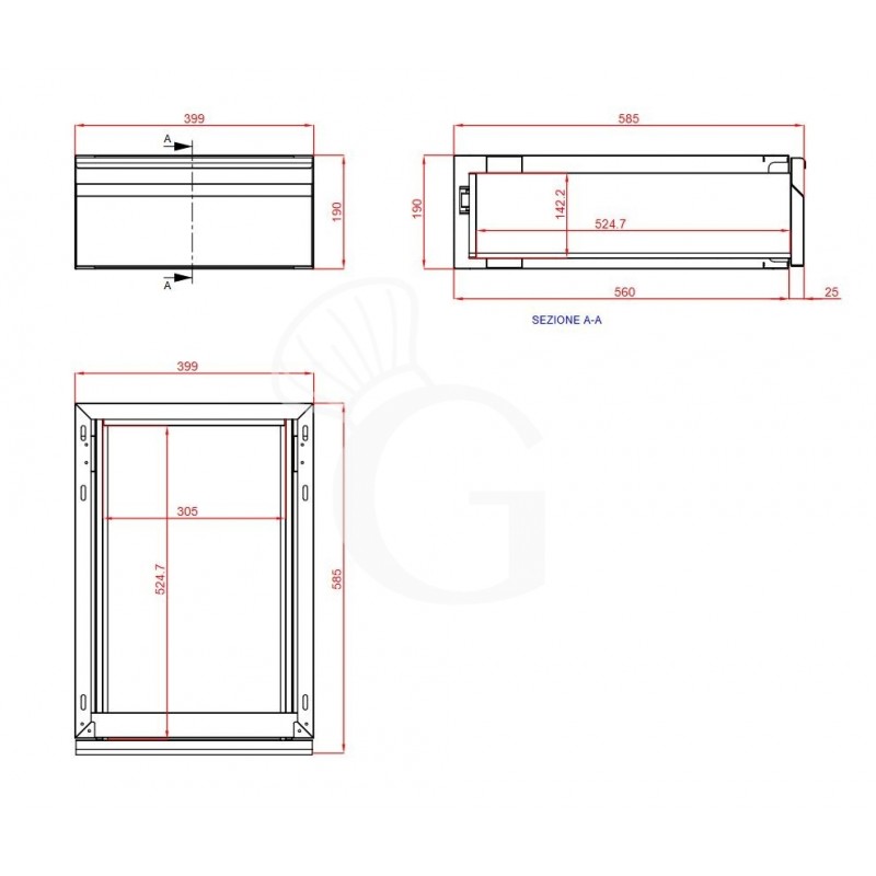 Cassettiera in acciaio inox con 3 cassetti, L 400 x P 600 x H 850 mm