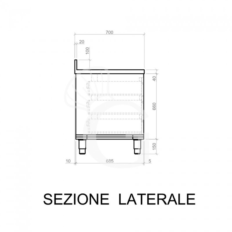 Cassettiera inox con 3 cassetti e alzatina, L 400 x P 700 x H 950 mm