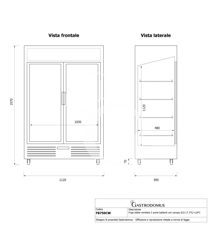 Frigo bibite ventilato 2 porte battenti con canopy 632 LT 2°C/+10°C colore bianco