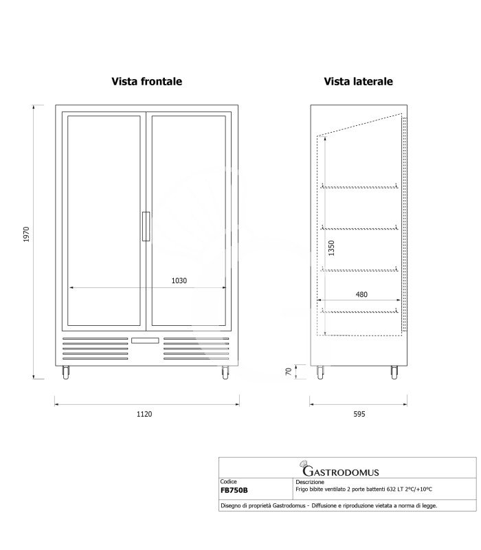 Frigo bibite ventilato 2 porte battenti 632 LT 2°C/+10°C colore nero