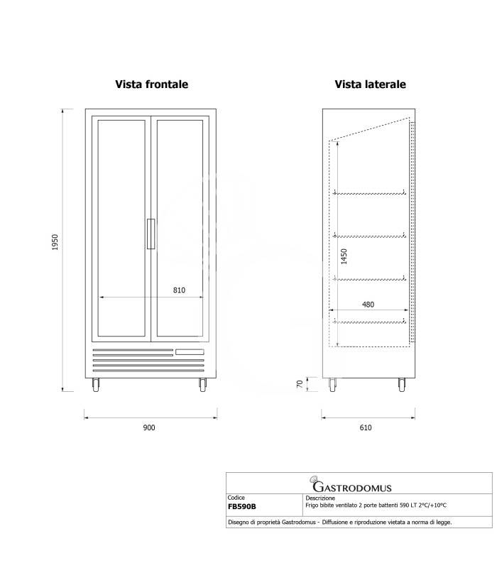 Frigo bibite ventilato 2 porte battenti 590 LT 2°C/+10°C colore nero