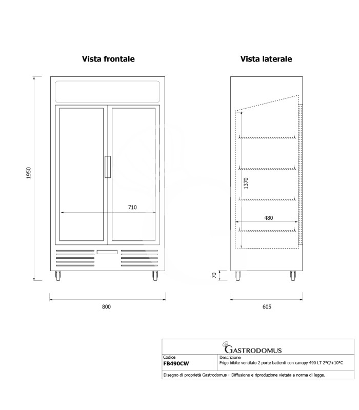 Frigo bibite ventilato 2 porte battenti con canopy 490 LT 2°C/+10°C colore bianco