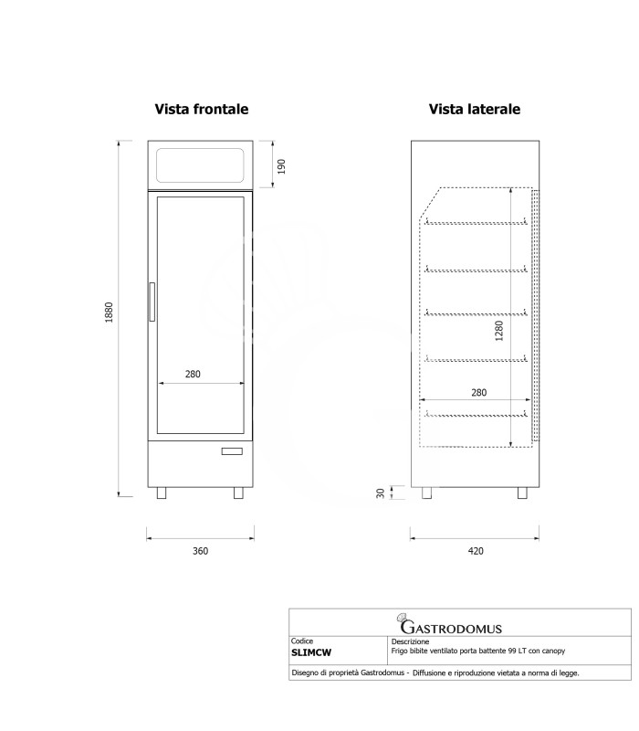 Frigo bibite ventilato porta battente con canopy 99 LT 2°C/+10°C colore bianco