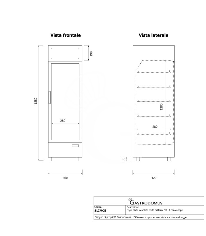 Frigo bibite ventilato porta battente con canopy 99 LT 2°C/+10°C colore nero