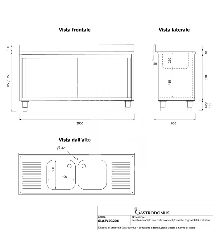 Lavello armadiato con porte scorrevoli,2 vasche,2 gocciolatoi,L 2000 x P 600 x H 965 mm - con foro rubinetto Ø 32 mm