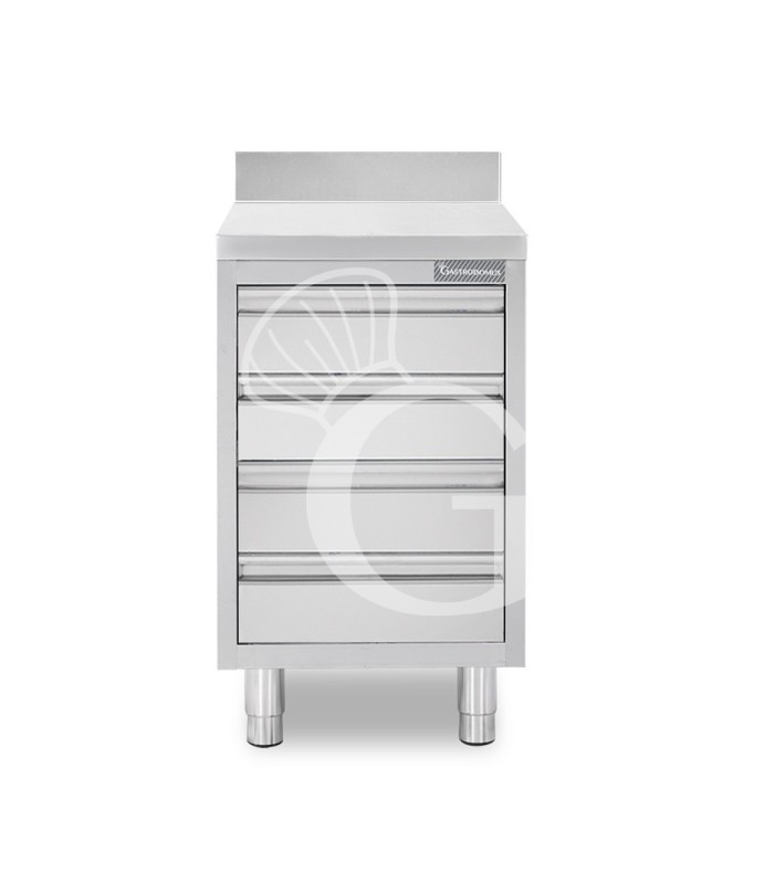 Cassettiera in acciaio inox con 4 cassetti e alzatina, L 400 x P 600 x H 950 mm