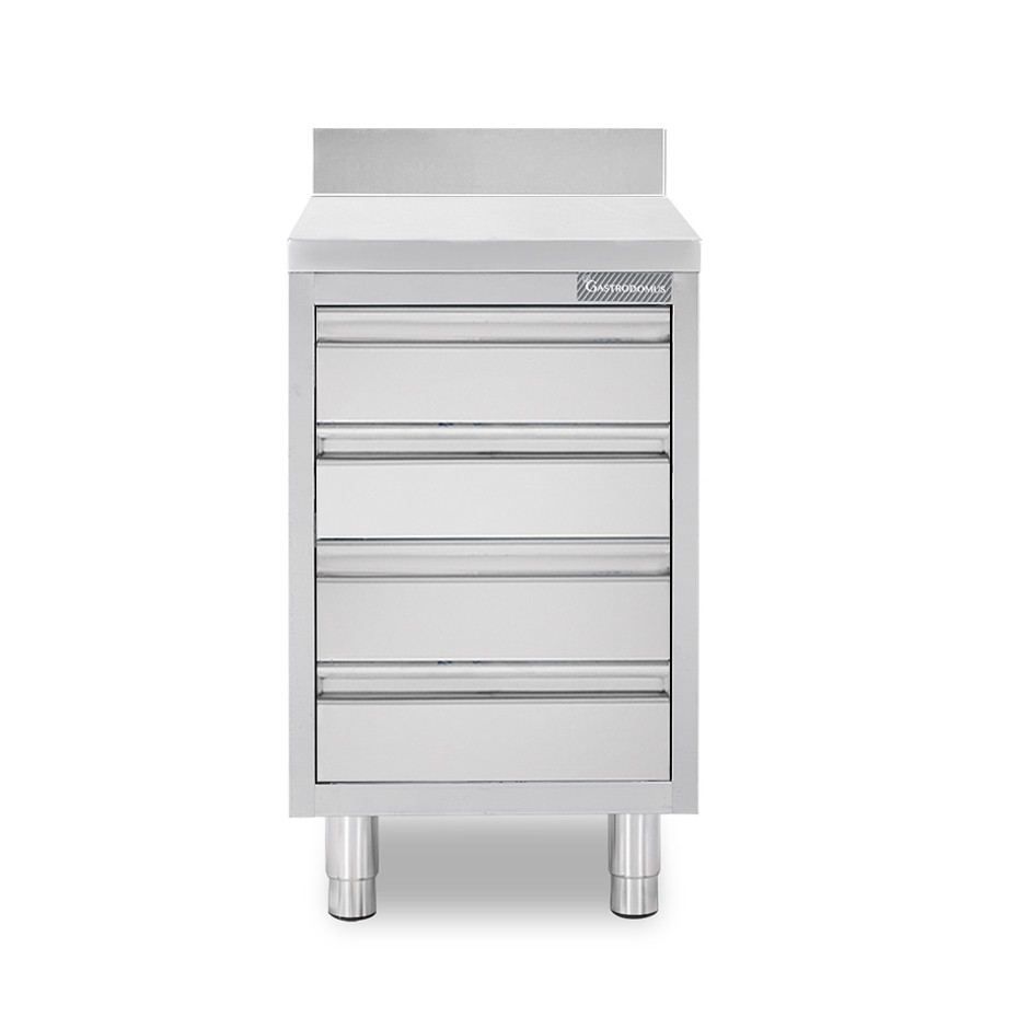 Cassettiera in acciaio inox con 4 cassetti e alzatina, L 500 x P 600 x H 950 mm