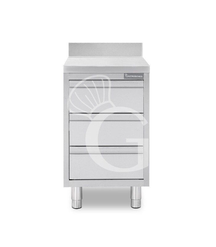 Cassettiera inox con 3 cassetti e alzatina, L 400 x P 700 x H 950 mm