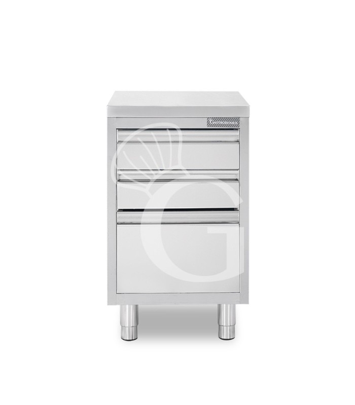 Cassettiera inox con 2 cassetti e un cassettone, L 400 x P 700 x H 850 mm