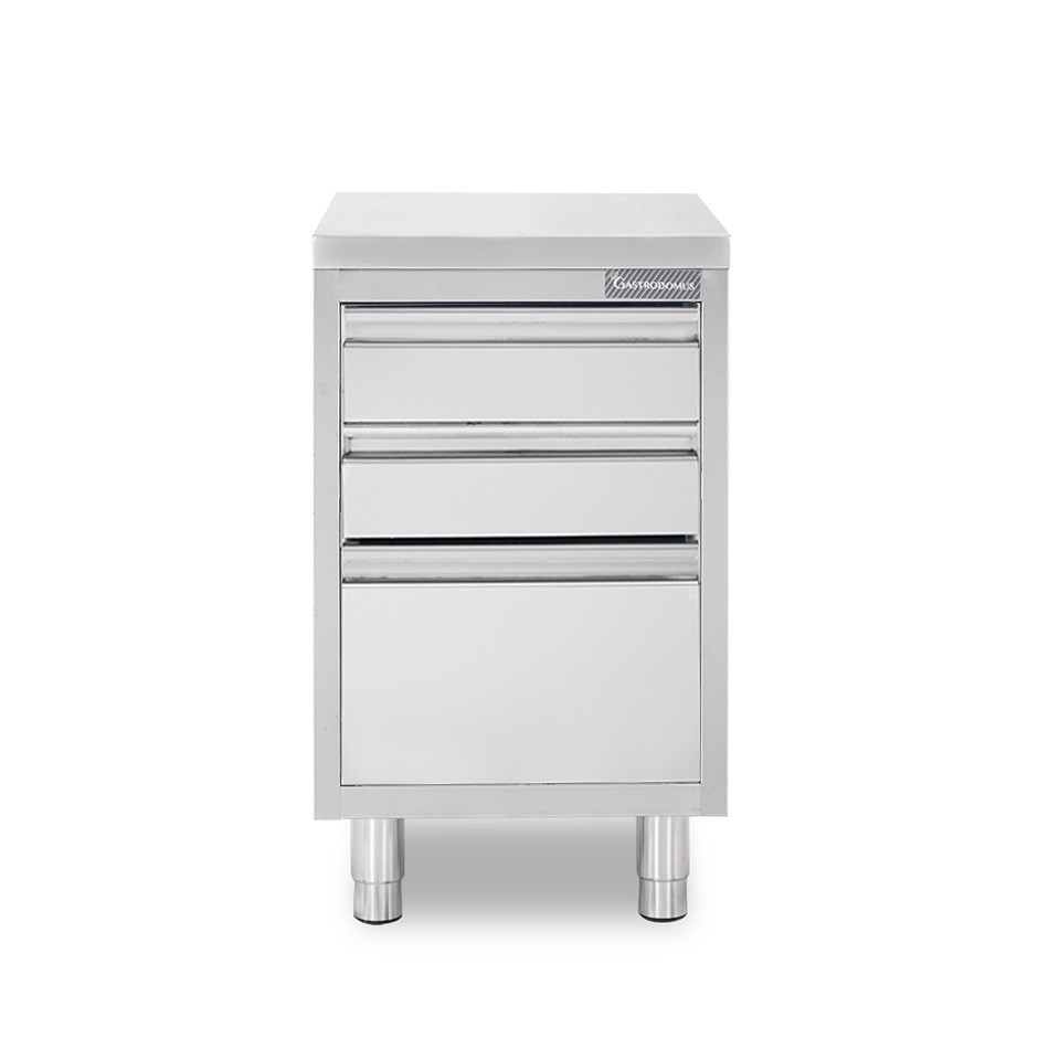Cassettiera inox con 2 cassetti e un cassettone, L 400 x P 700 x H 850 mm