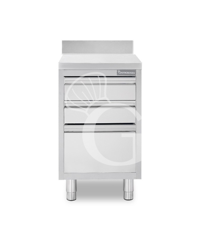 Cassettiera inox con 2 cassetti, un cassettone, alzatina, L 400 x P 700 x H 950 mm